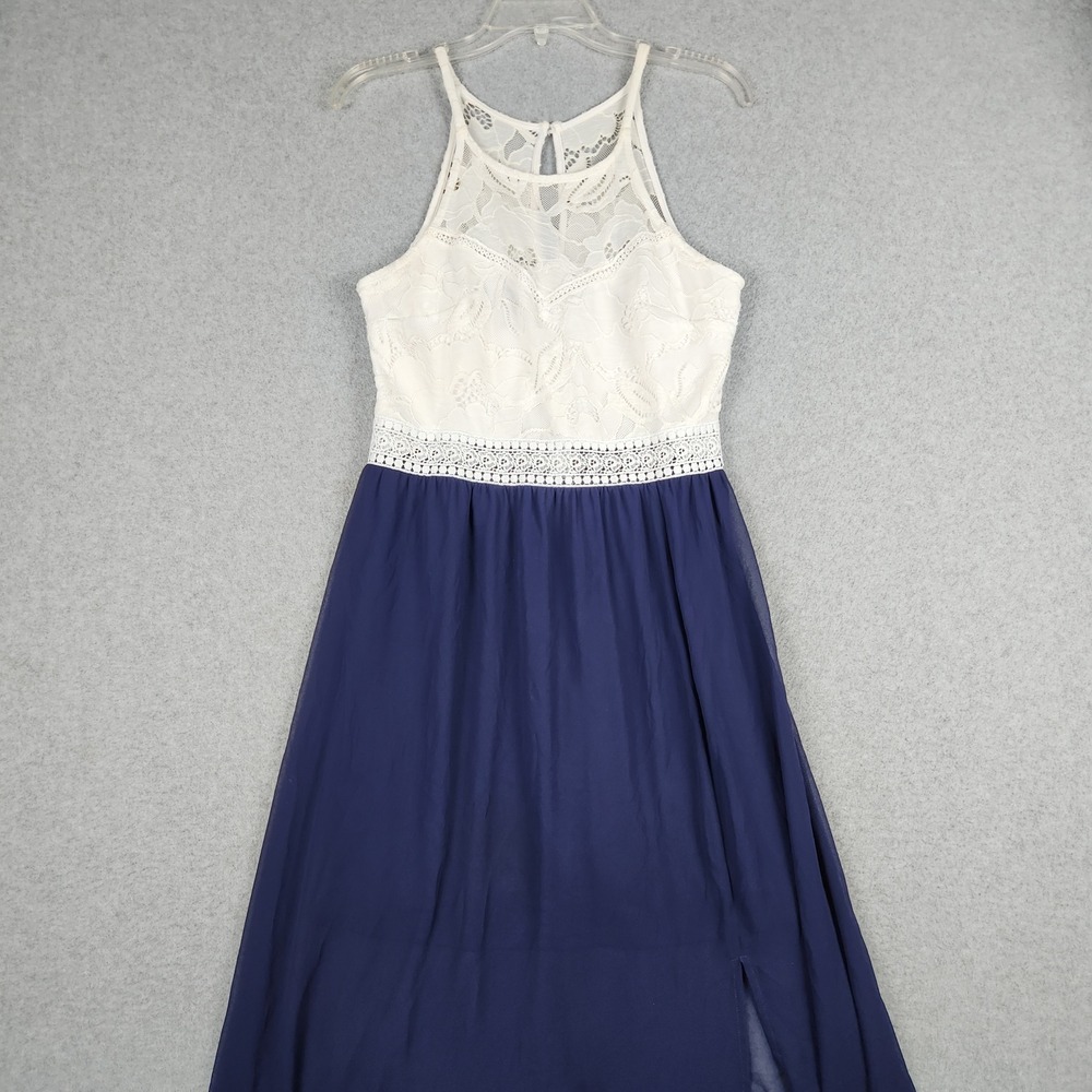 IZ Byer Maxi Dress Womens L White Navy Lace Chiffon Low Thigh Slit Halter Formal